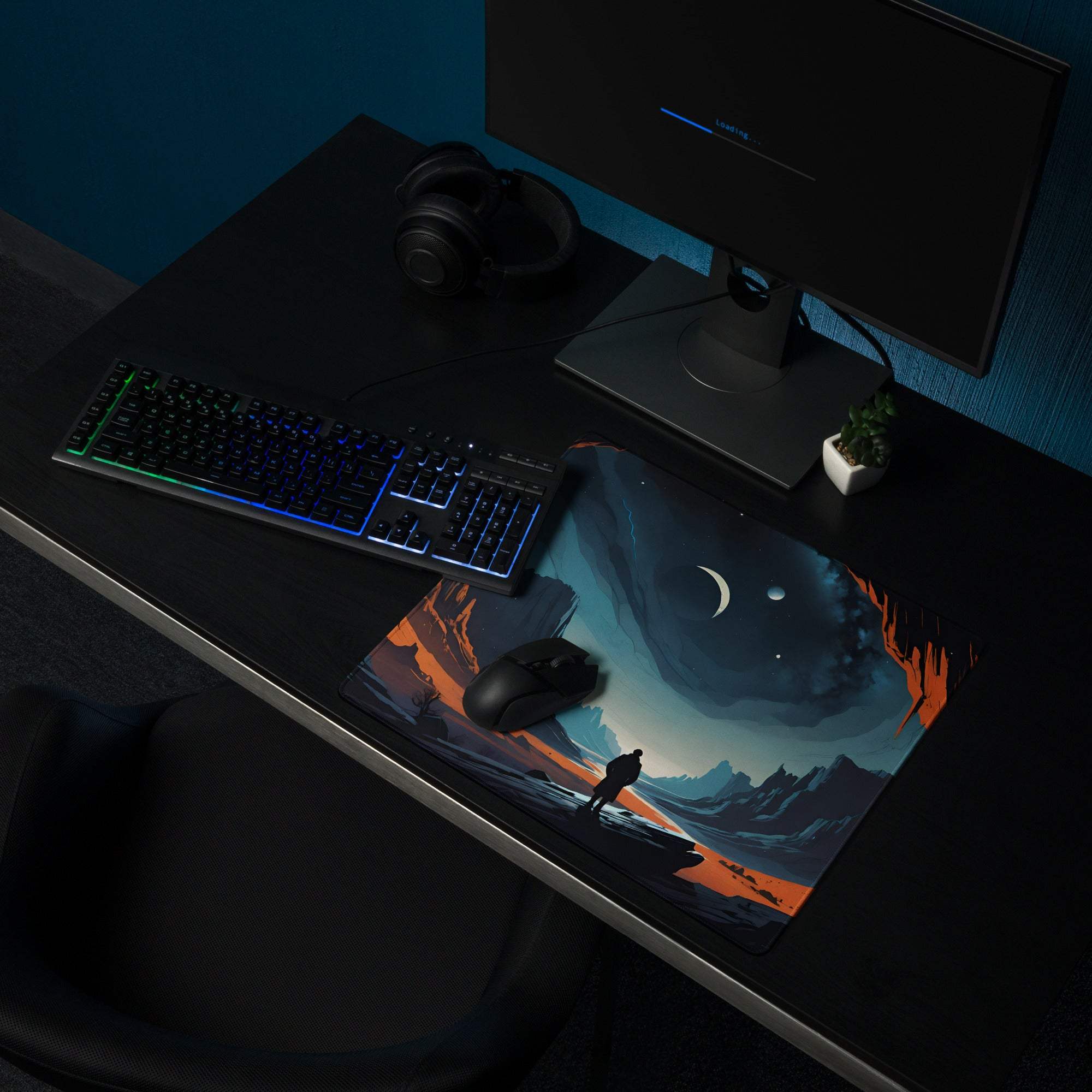 Epic blue orange night sky canyon large gaming mouse pad with cosmic landscape