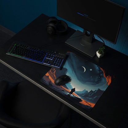 Epic blue orange night sky canyon large gaming mouse pad with cosmic landscape