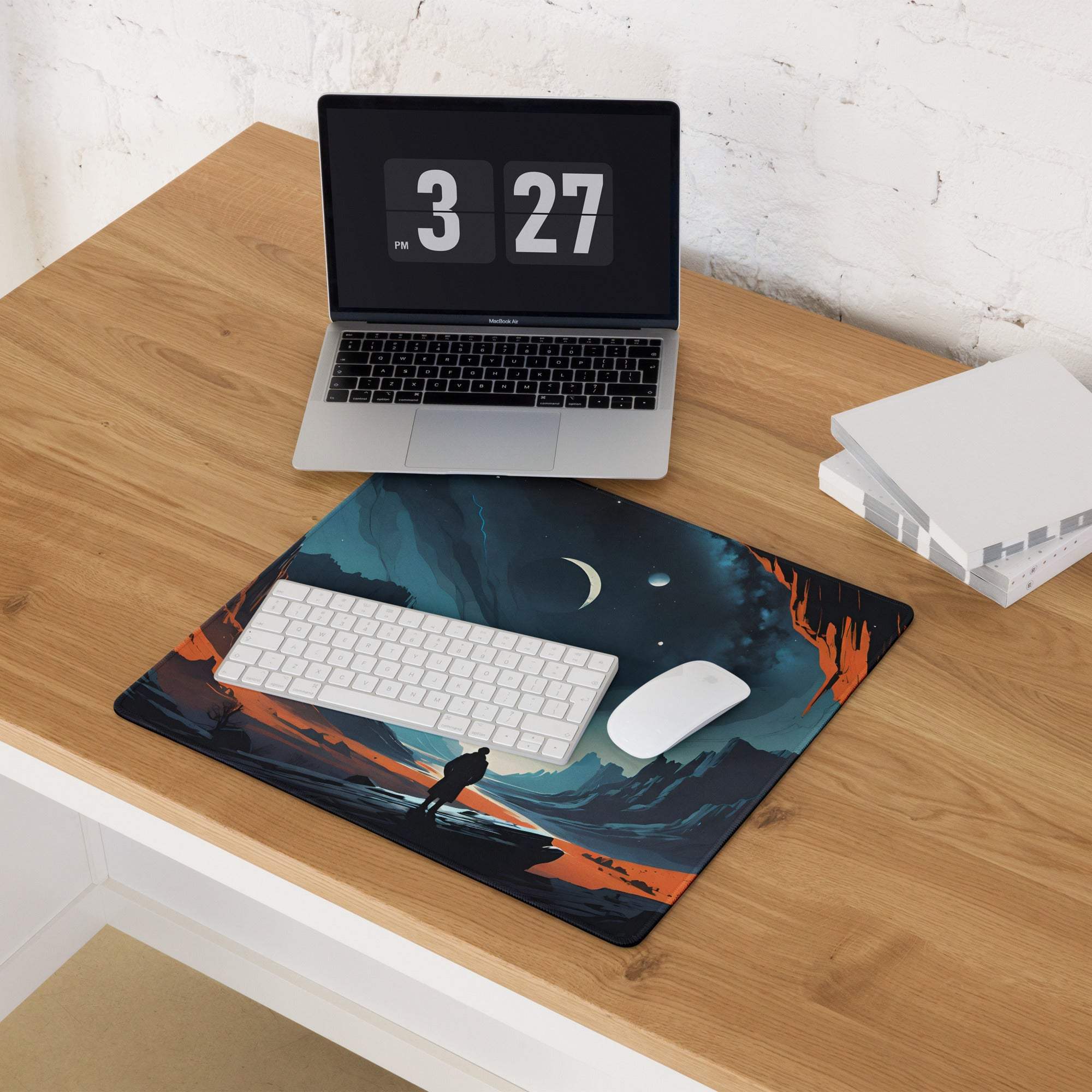 Epic blue orange night sky canyon large gaming mouse pad with cosmic landscape