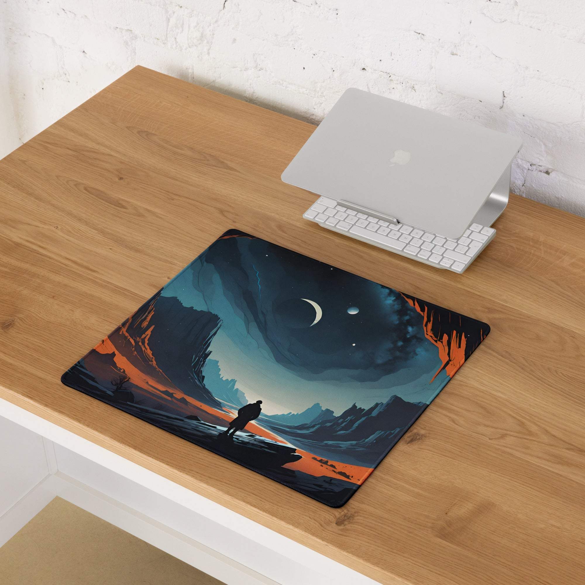 Epic blue orange night sky canyon gaming mouse pad with lone figure