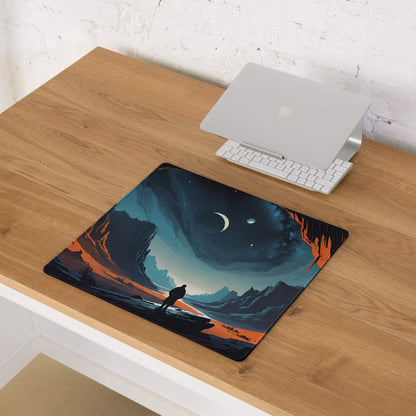 Epic blue orange night sky canyon gaming mouse pad with lone figure