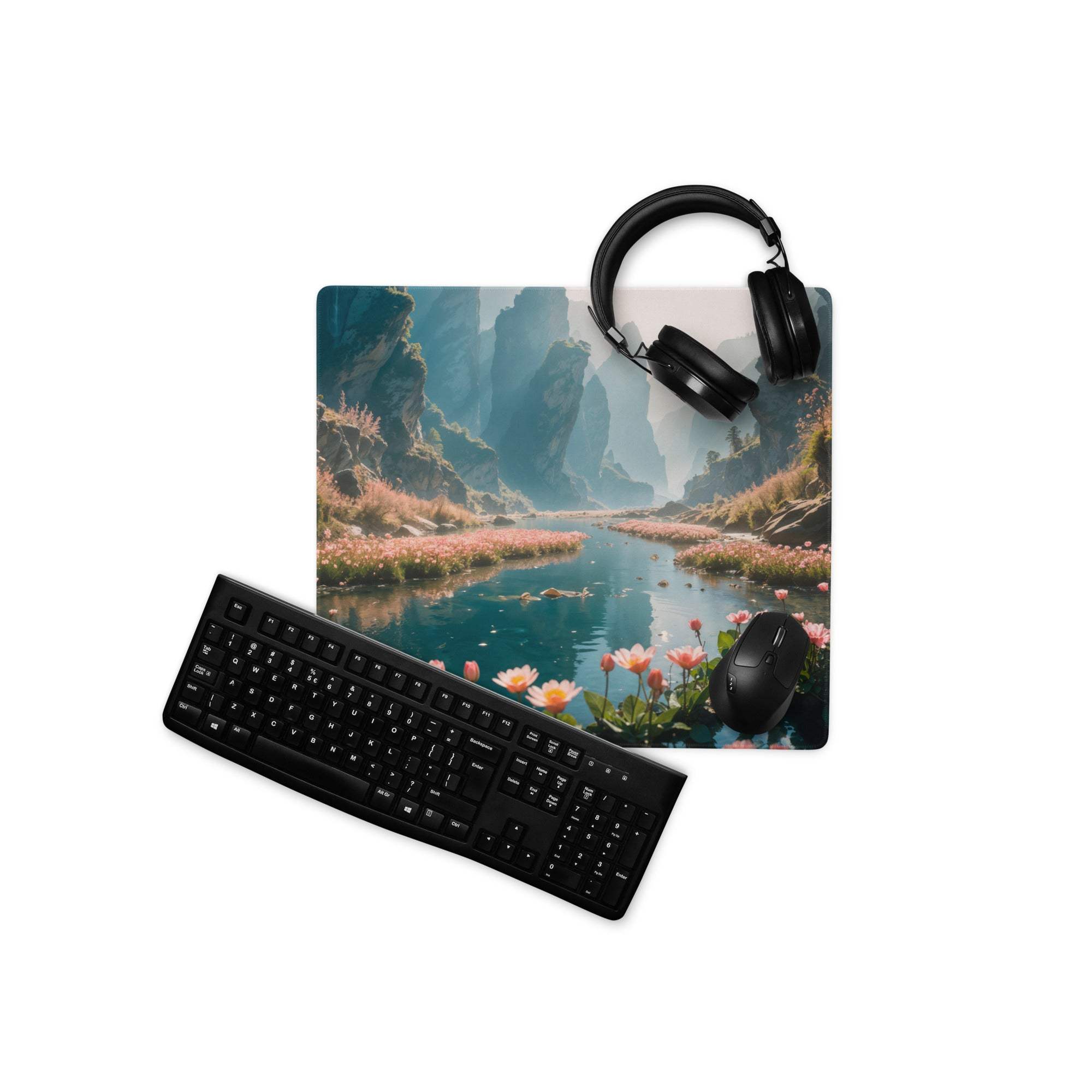 Black matte keyboard on Serene Landscape gaming mouse pad