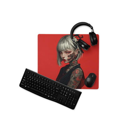 Red themed tattooed anime girl gaming mouse pad with silver hair and non-slip base