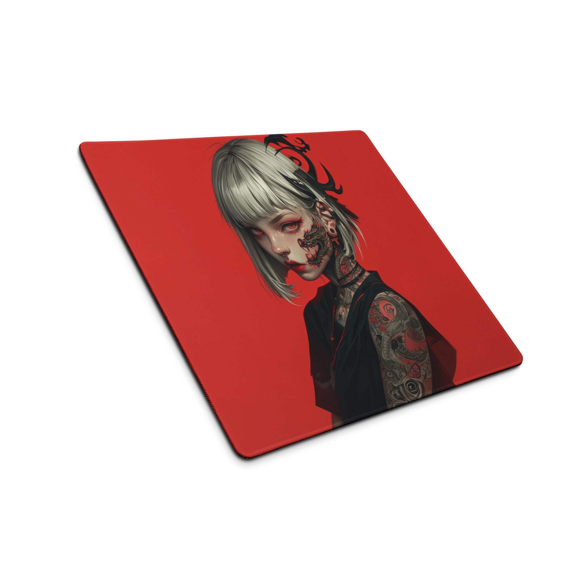 Red tattooed girl gaming mouse pad with silver hair on red background