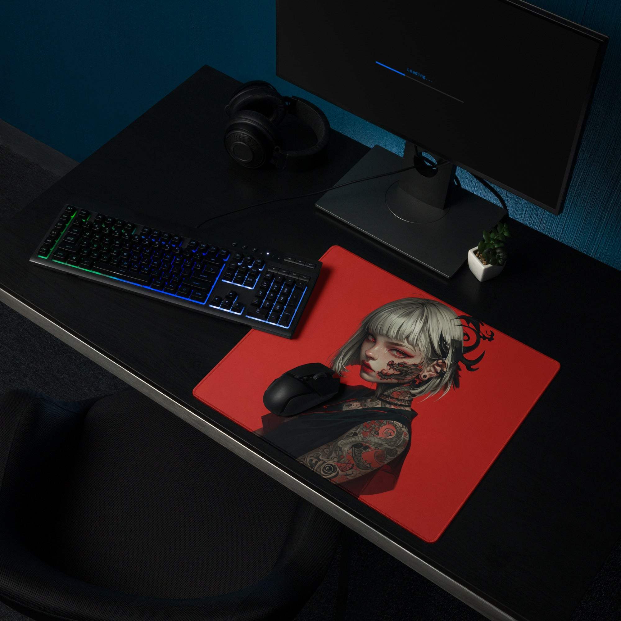 Red themed tattooed girl anime mousepad with silver hair, large non-slip base