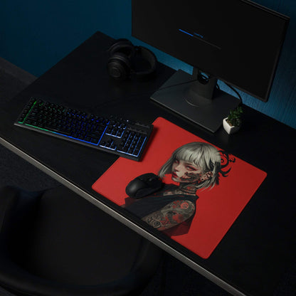 Red themed tattooed girl anime mousepad with silver hair, large non-slip base