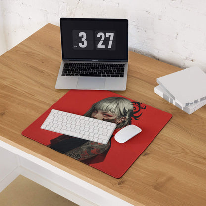 Red rectangular mousepad with anime silver-haired tattooed girl artwork