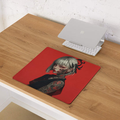 Red tattooed girl gaming mouse pad with silver hair and non-slip base