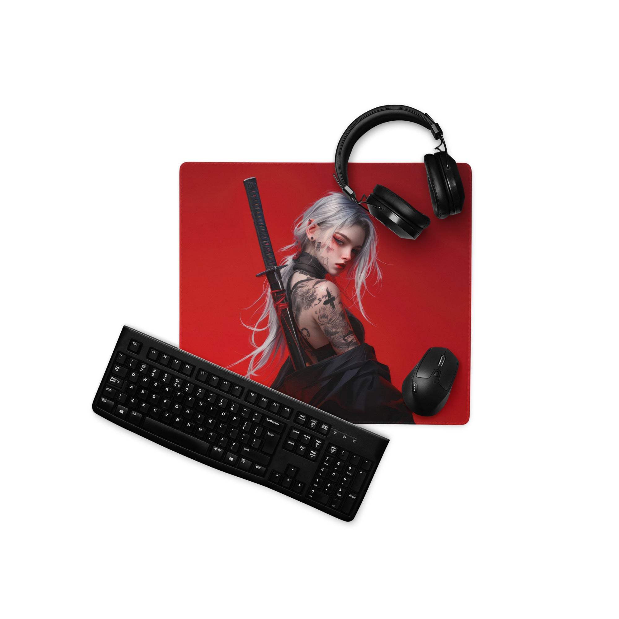 Red gothic heroine warrior anime mousepad with silver hair tattoos sword