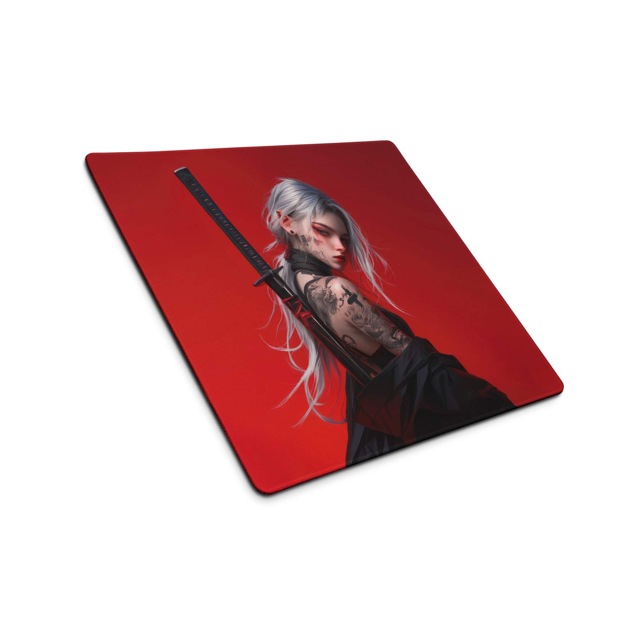 Red gothic heroine warrior mousepad with silver-haired tattooed fighter and black sword