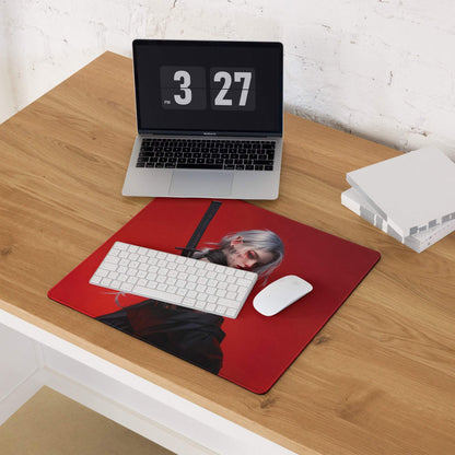 Red gothic heroine warrior on gaming mouse pad, silver hair, non-slip base