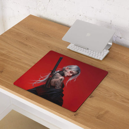 Red tattooed silver-haired warrior with sword on Gothic Heroine gaming mouse pad