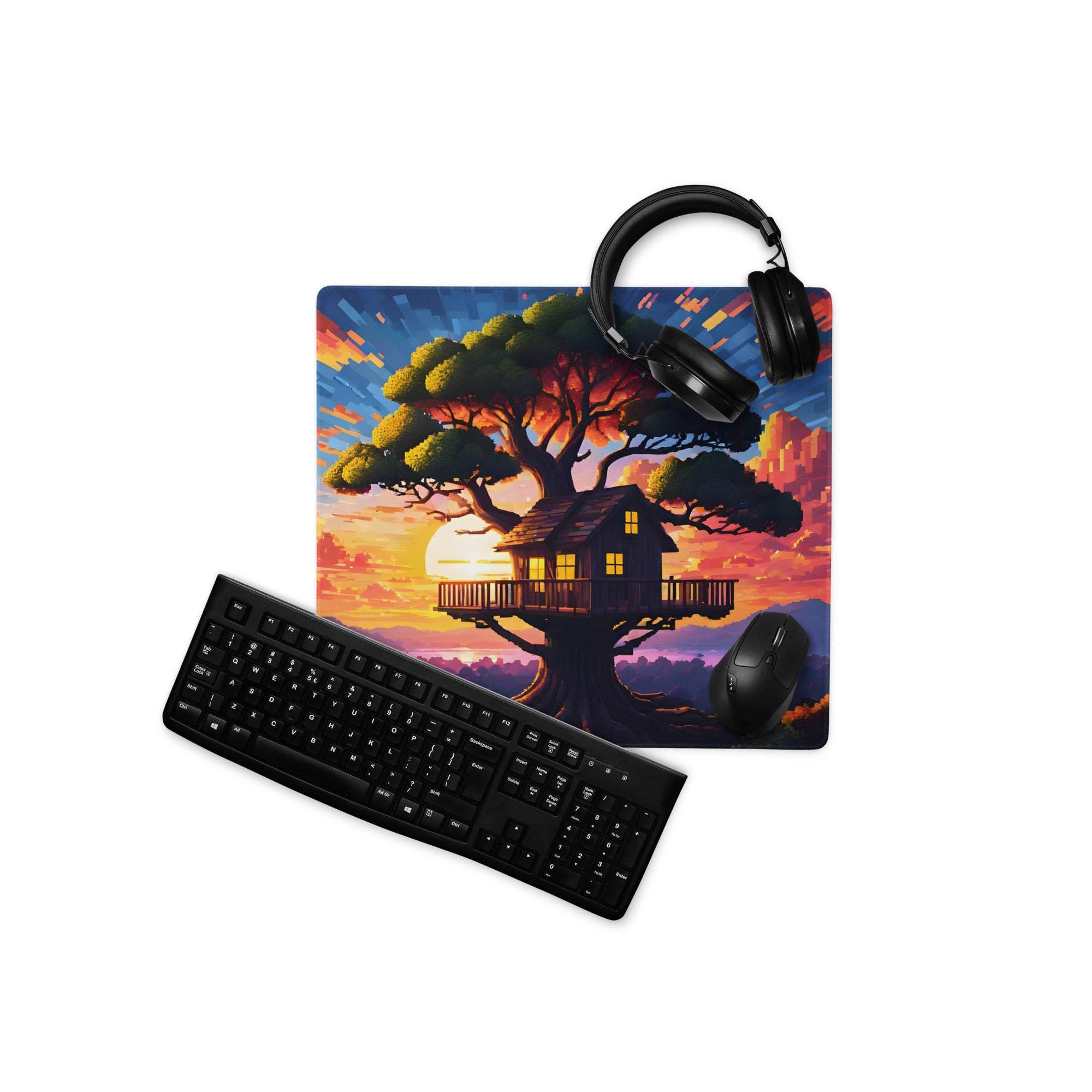 Black keyboard mouse on vibrant treehouse sunset gaming mat with headphones