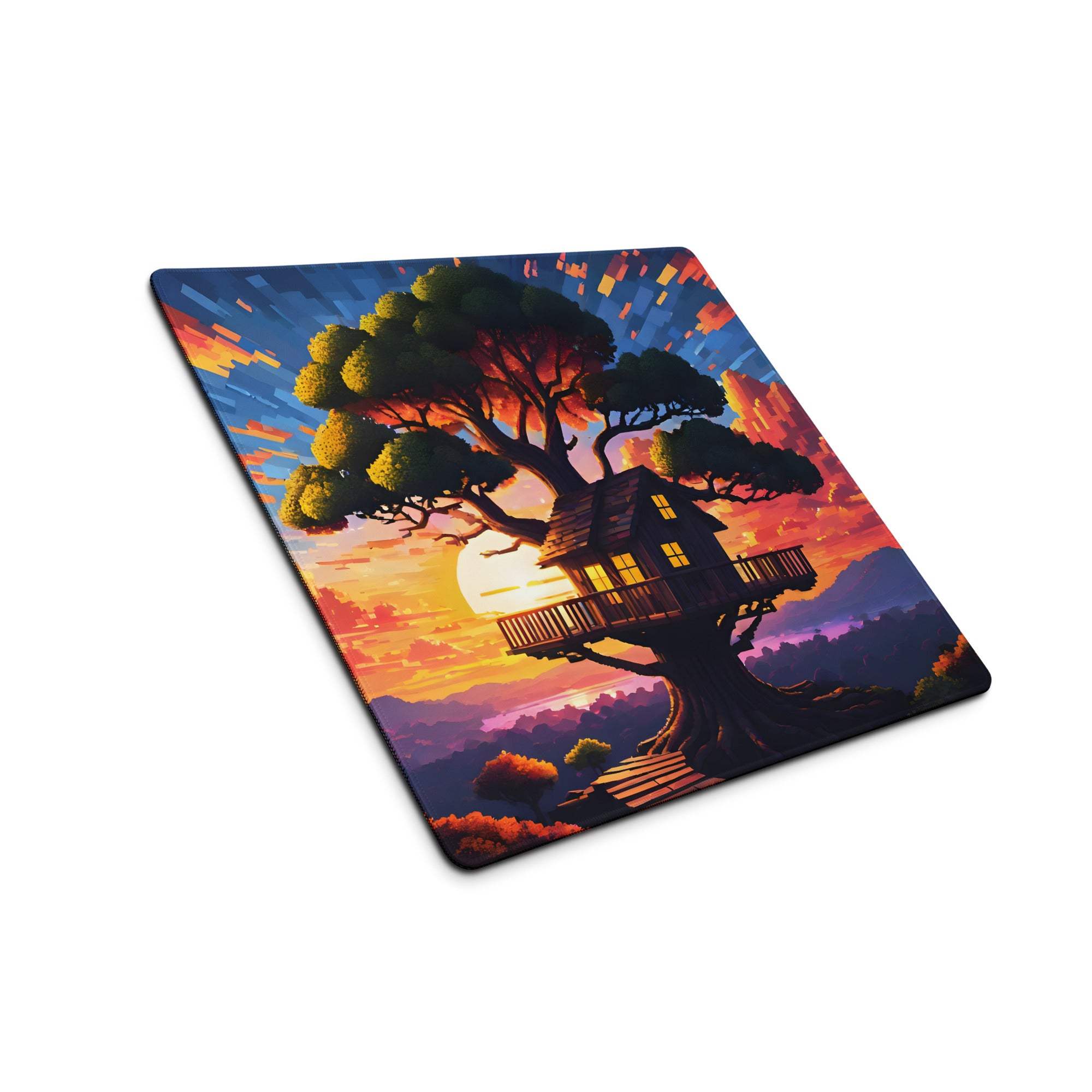 Vibrant treehouse sunset gaming mouse pad with orange purple hues and warm lights