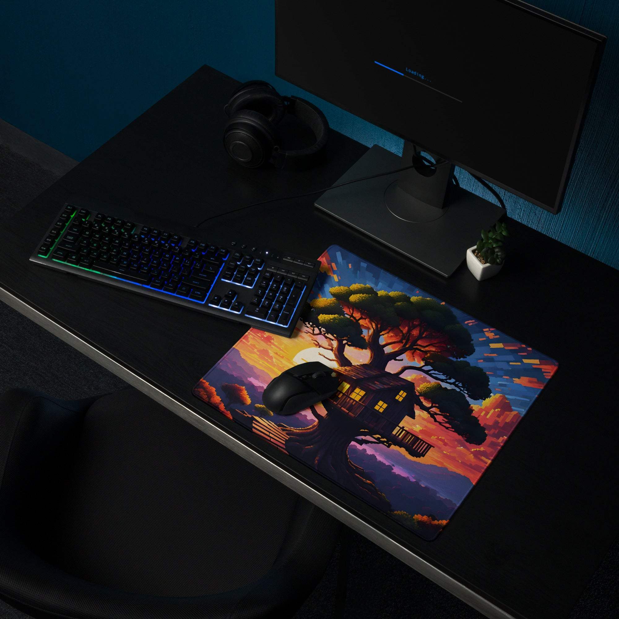 Vibrant orange purple treehouse sunset gaming mouse pad