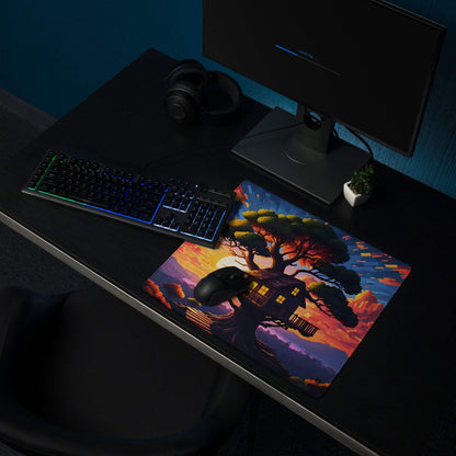 Vibrant orange purple treehouse sunset gaming mouse pad