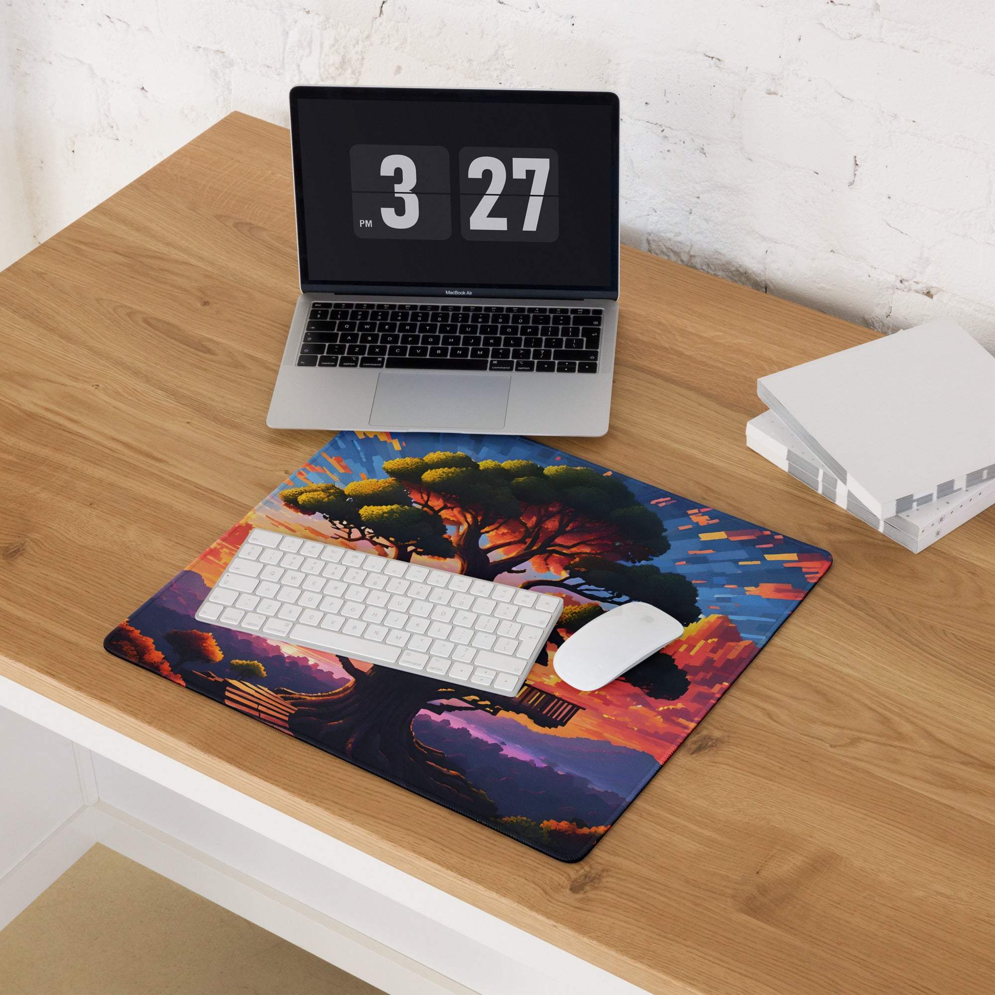 Dreamy fantasy treehouse sunset gaming mouse pad with vibrant orange purple hues