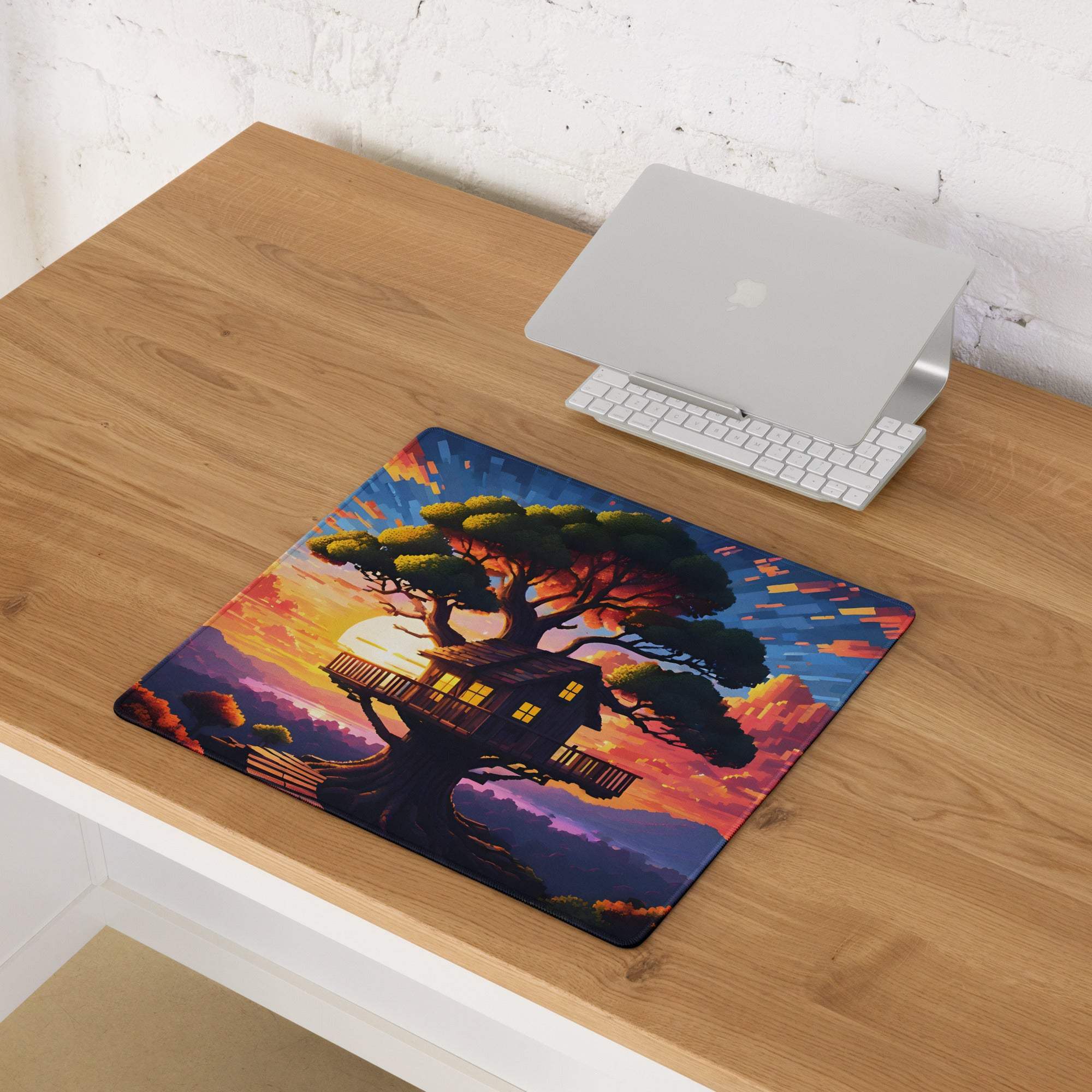 Dreamy fantasy treehouse sunset gaming mouse pad in vibrant orange purple hues