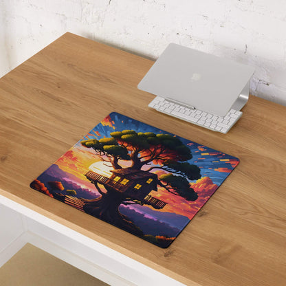 Dreamy fantasy treehouse sunset gaming mouse pad in vibrant orange purple hues