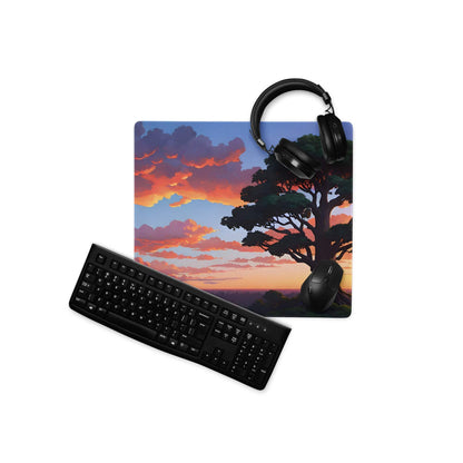 Black matte QWERTY keyboard on vibrant sunset tree gaming mouse pad
