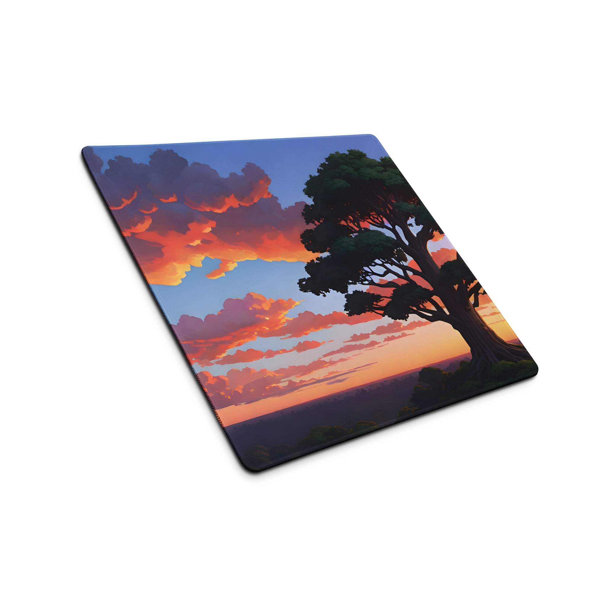 Large stylized vibrant sunset tree gaming mouse pad with non-slip edges