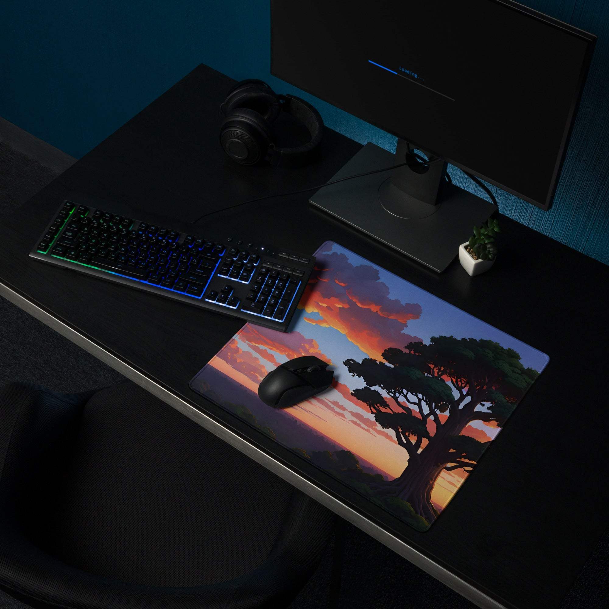 Large stylized vibrant sunset tree gaming mouse pad with non-slip stitched edges