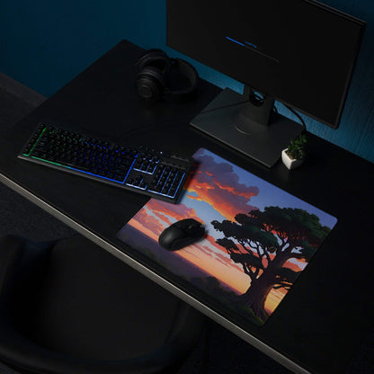 Large stylized vibrant sunset tree gaming mouse pad with non-slip stitched edges