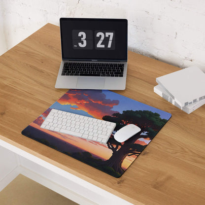 Large stylized vibrant sunset tree landscape gaming mouse pad on wooden desk