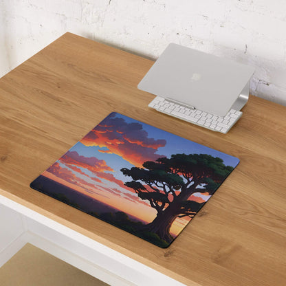 Vibrant anime sunset tree silhouette gaming mouse pad, large non-slip stitched edges