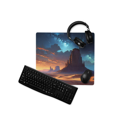 Epic Desert Landscape Gaming Mouse Pad with sunset sky and starry night