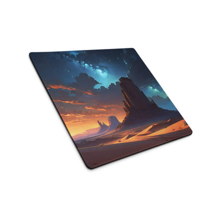 Epic desert landscape gaming mouse pad with sunset sky and starry night mood