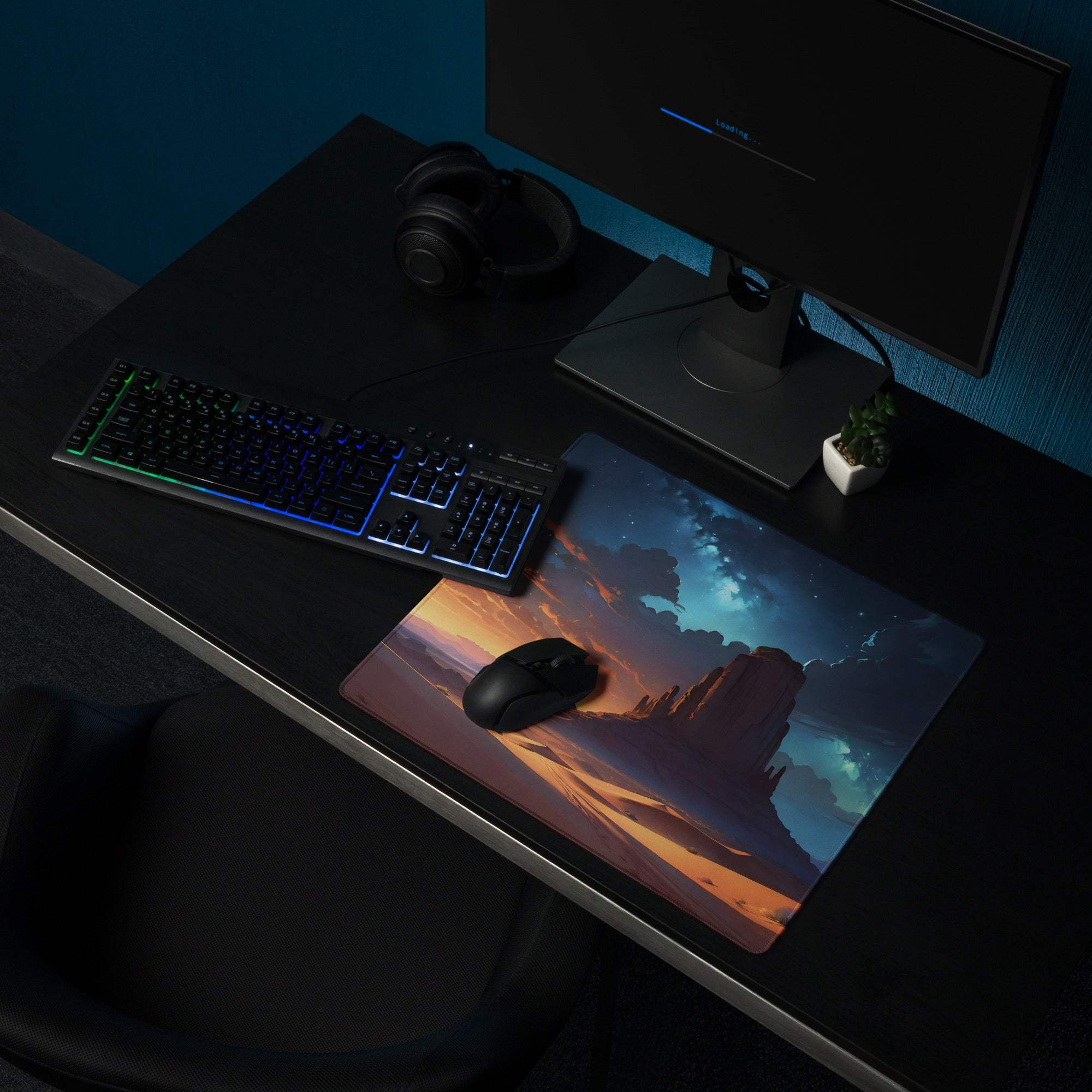 Epic Desert Landscape gaming mouse pad with sunset sky and starry night mood