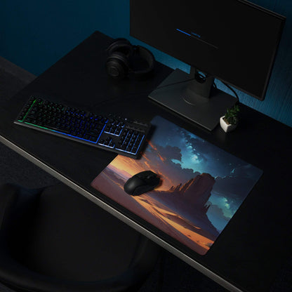 Epic Desert Landscape gaming mouse pad with sunset sky and starry night mood