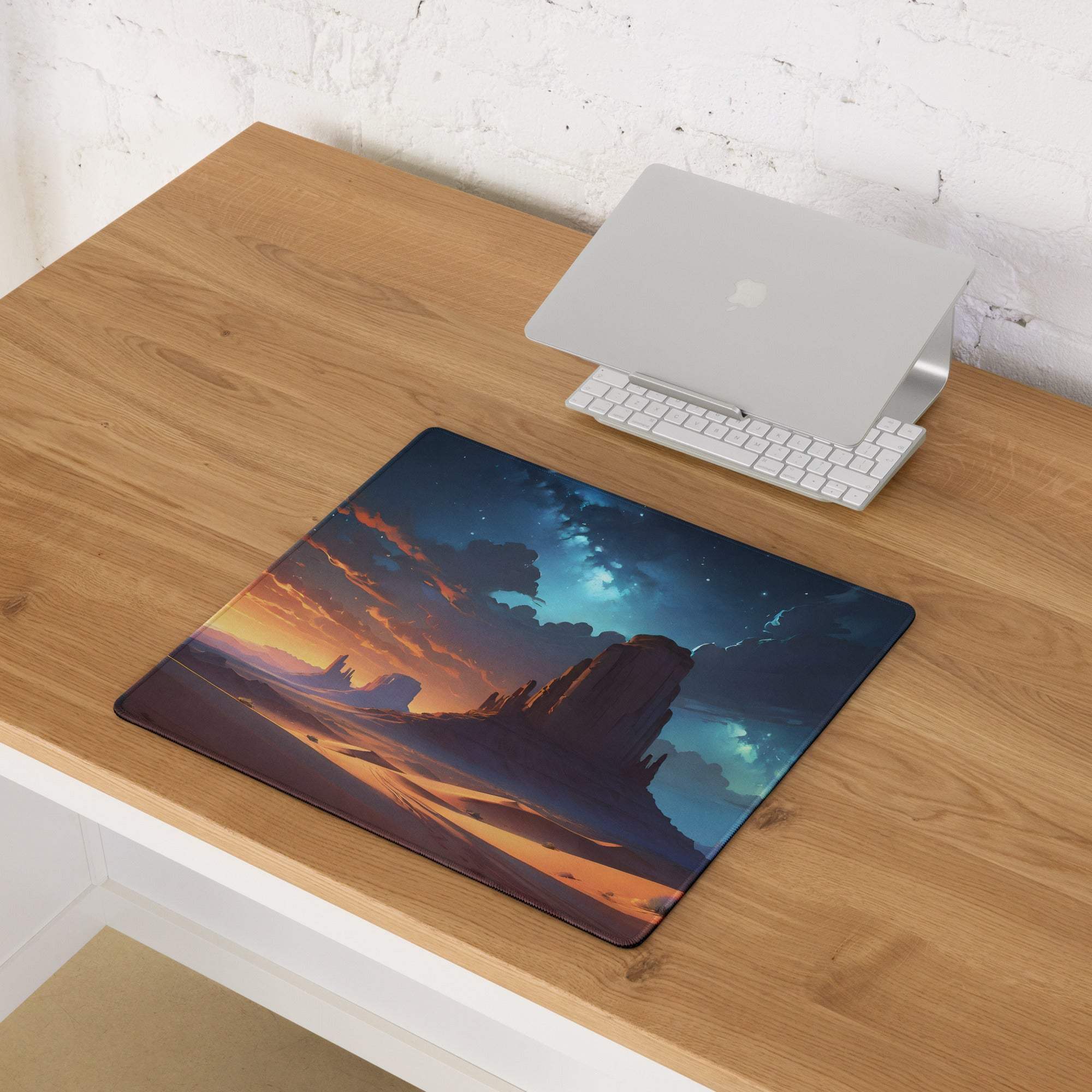 Epic desert gaming mouse pad with sunset sky, starry night, non-slip base