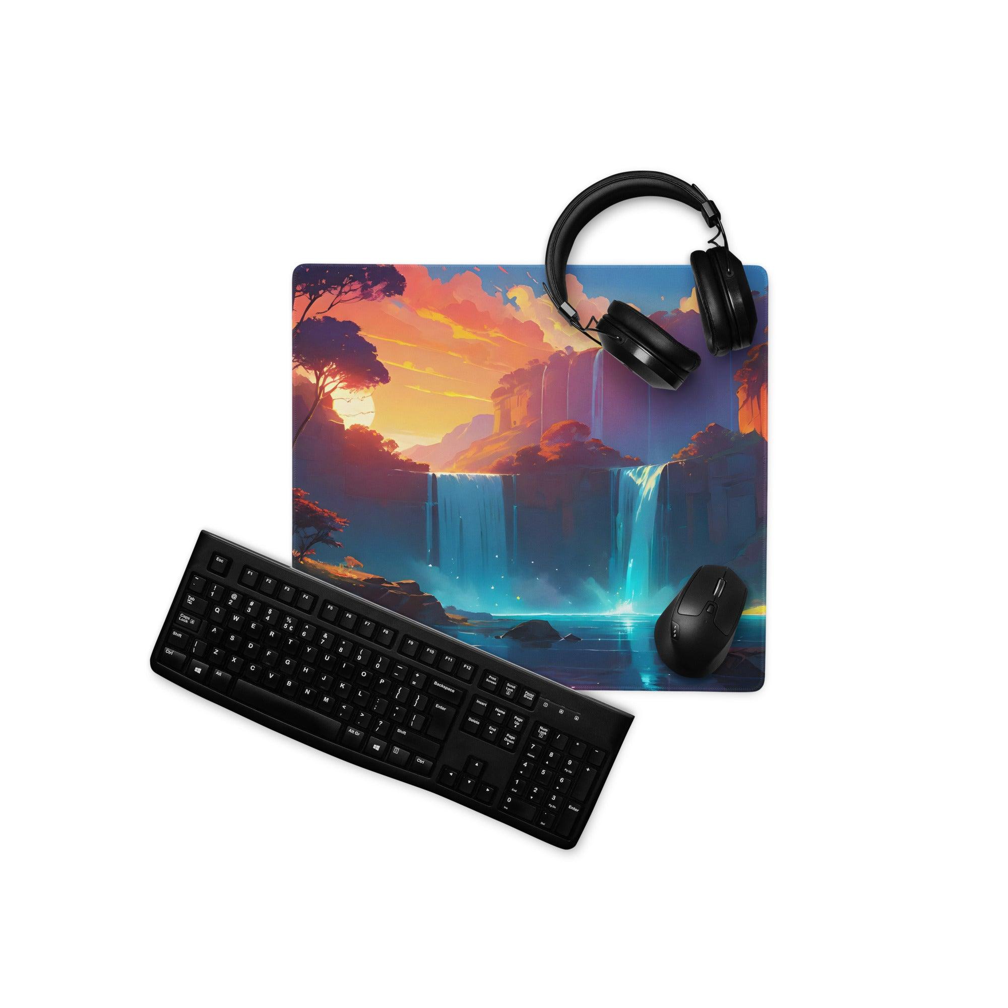 Epic Fantasy Landscape gaming mouse pad with vibrant sunset waterfall in orange purple blue hues