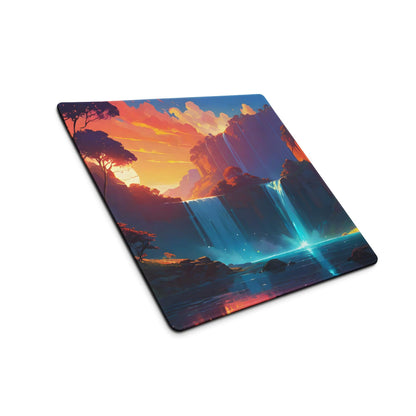 Epic fantasy gaming mouse pad with vibrant surreal waterfall landscape, orange purple skies, teal falls, silhouetted trees, large size, edge stitching, non-slip base