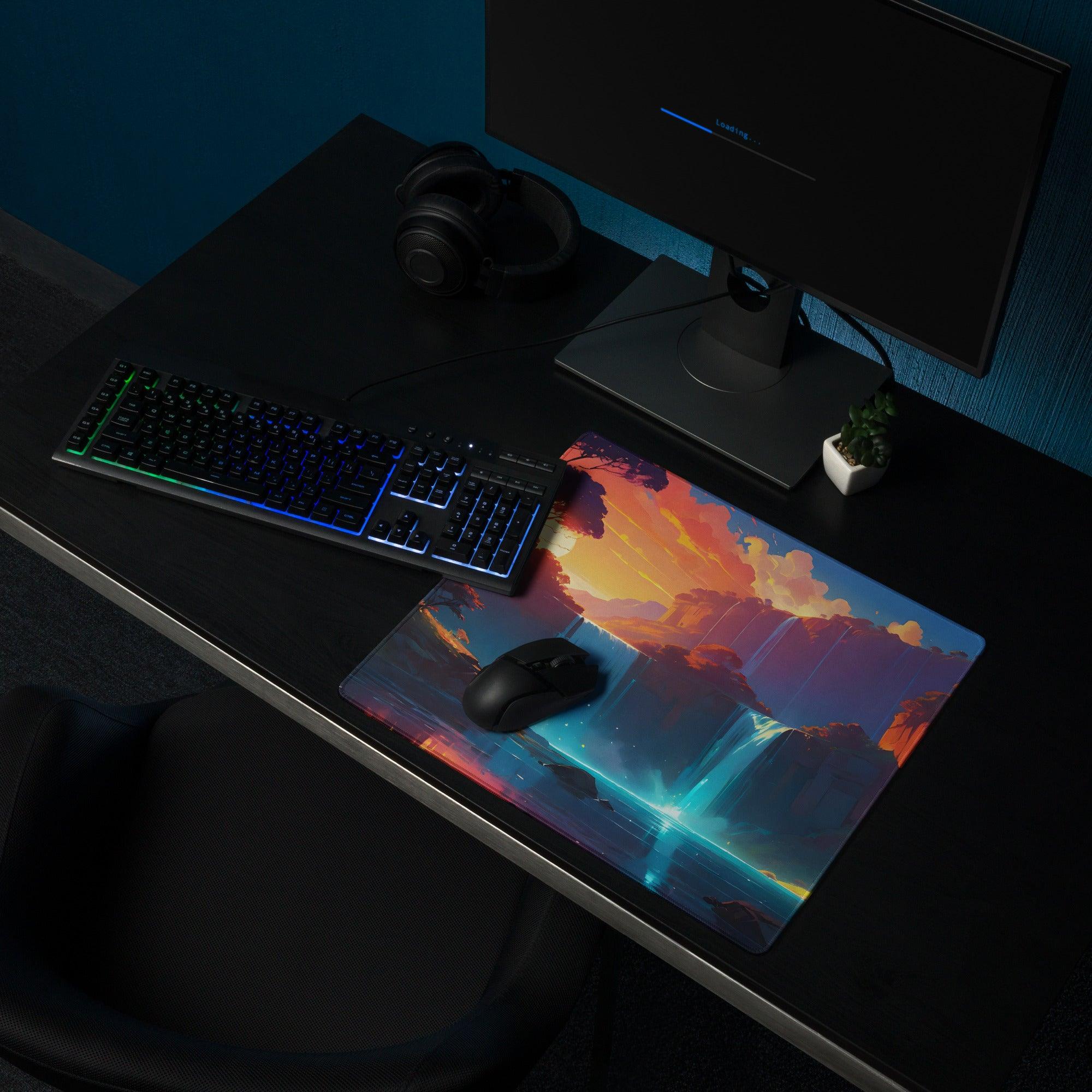 Epic fantasy landscape gaming mouse pad with colorful sunset waterfalls