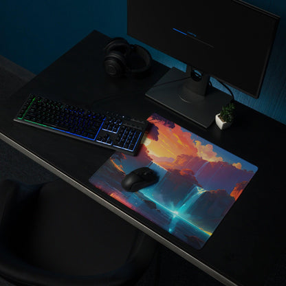 Epic fantasy landscape gaming mouse pad with colorful sunset waterfalls