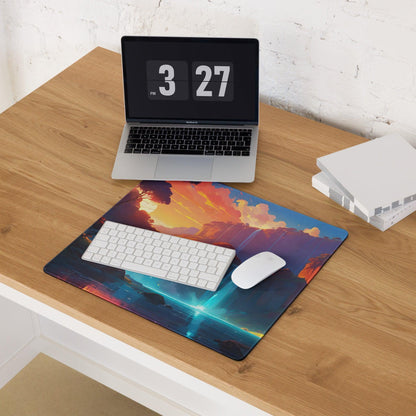 Vibrant cosmic sunset gaming mouse pad with large size, edge stitching, non-slip base