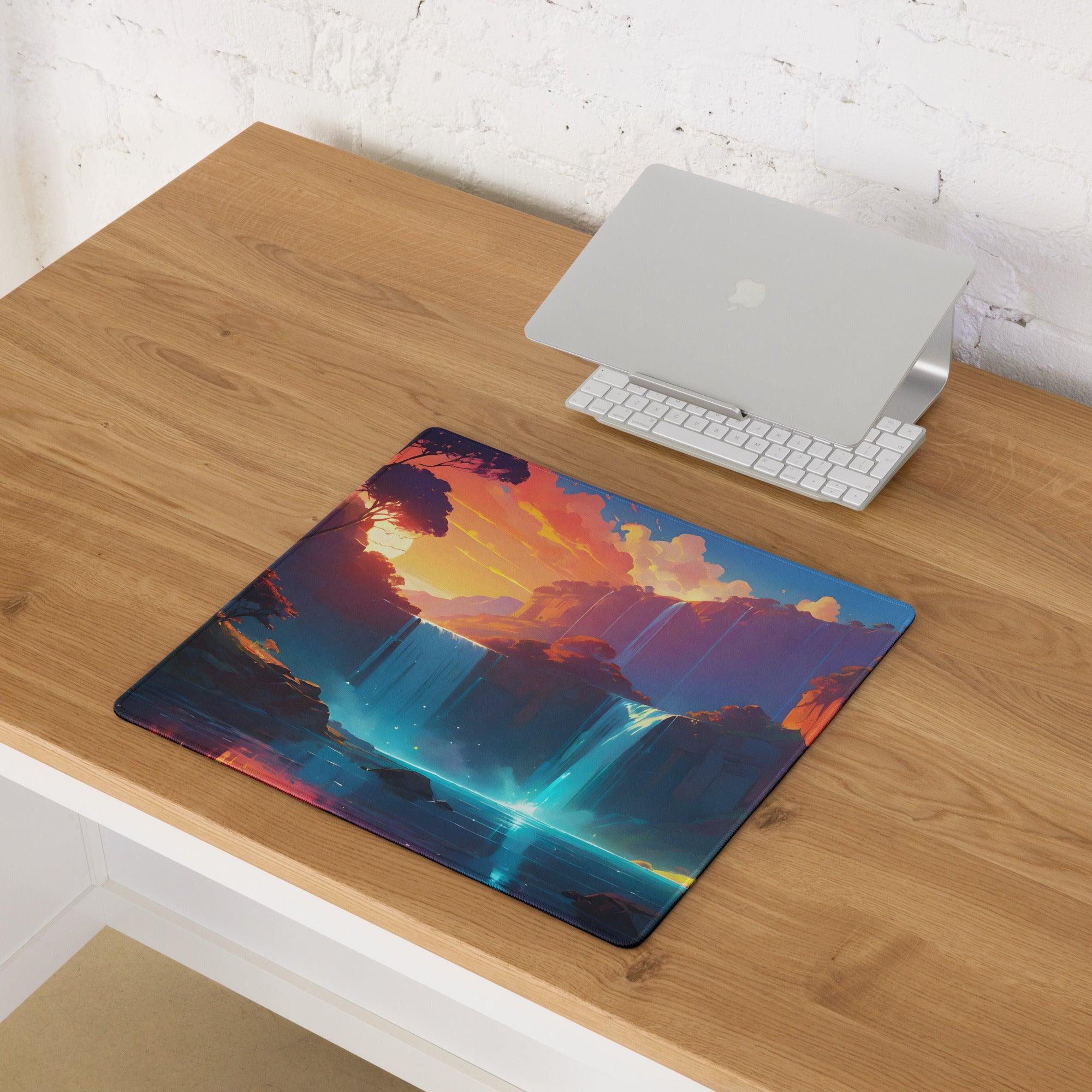 Epic fantasy sunset landscape gaming mouse pad with edge stitching