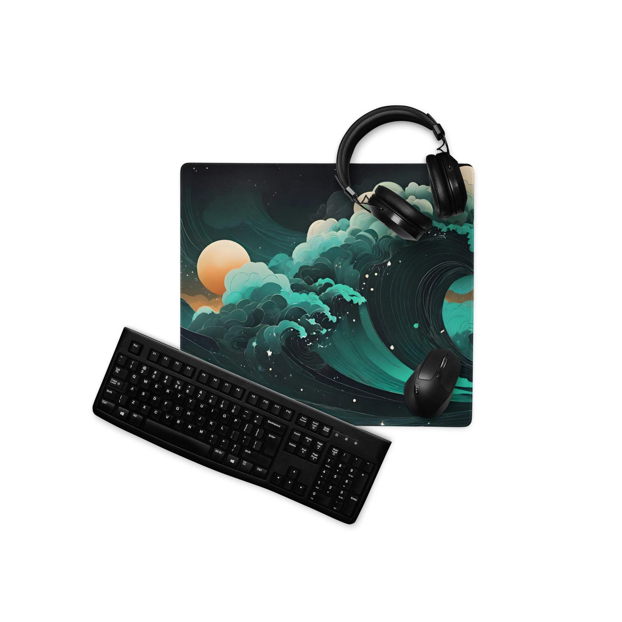 Stylish ocean wave gaming mouse pad with teal blues, sunset orange, non-slip surface