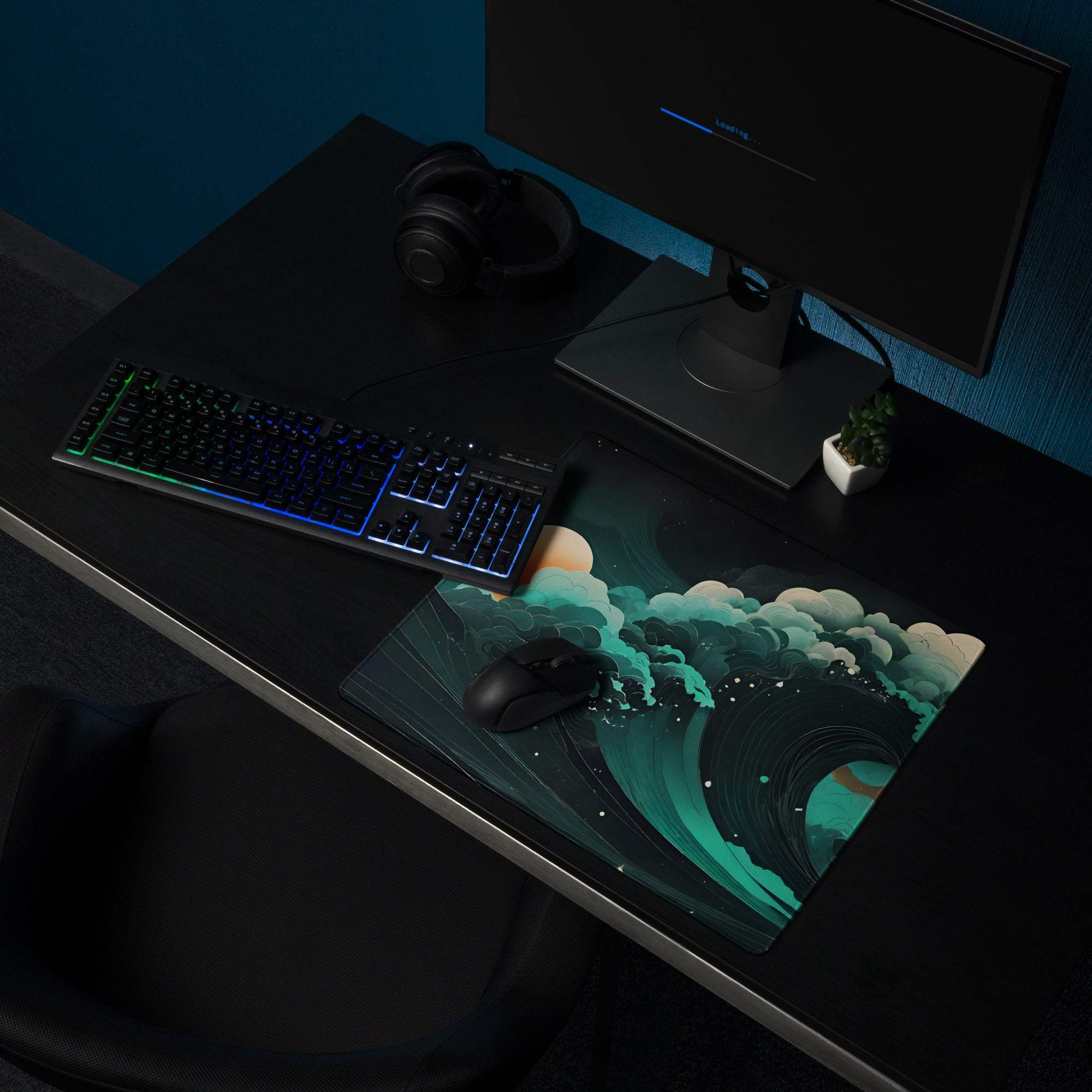Stylish ocean wave gaming mouse pad with teal blues, sunset orange, non-slip surface