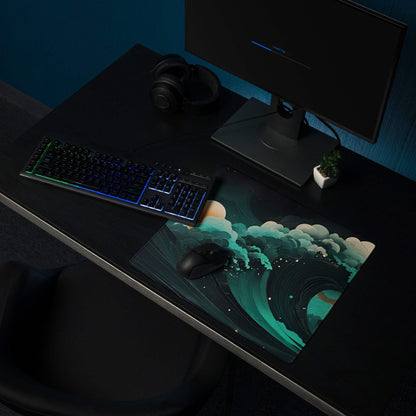 Stylish ocean wave gaming mouse pad with teal blues, sunset orange, non-slip surface