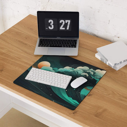 Stylish ocean wave gaming mouse pad with teal blues, sunset orange, cosmic nebulae