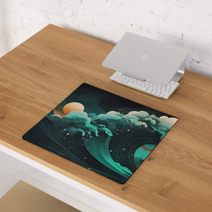 Stylish ocean wave gaming mouse pad with teal waves, sunset orange celestial body