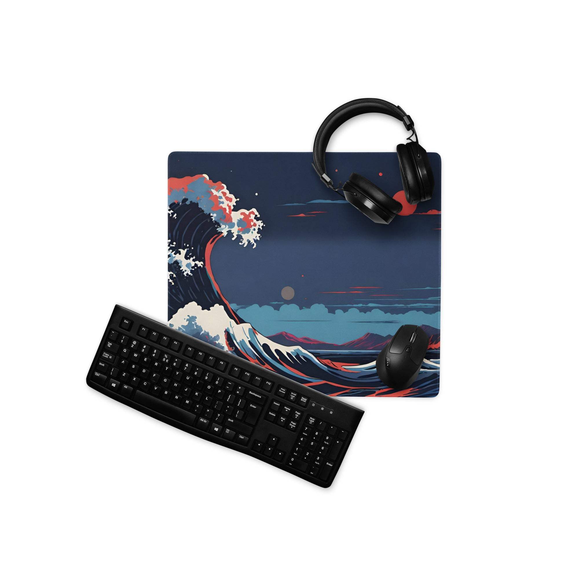 Black matte keyboard on Epic Ocean Wave Sunset Blues gaming mouse pad