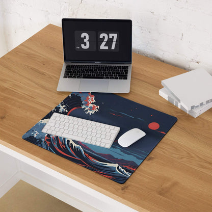 Navy blue Epic Ocean Wave gaming mouse pad with vibrant red white wave design