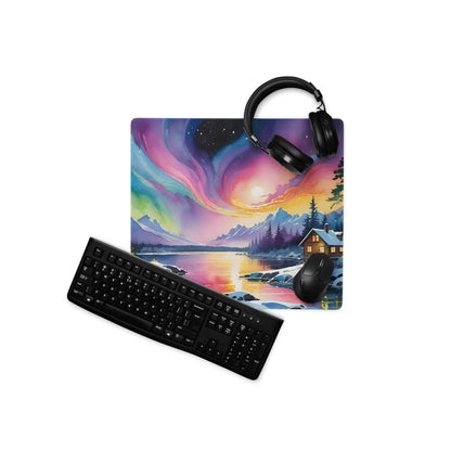 Vibrant aurora borealis gaming mousepad with cabin, mountains, headphones