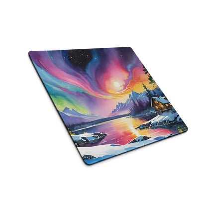Vibrant aurora borealis gaming mouse pad with snowy mountains and cabin