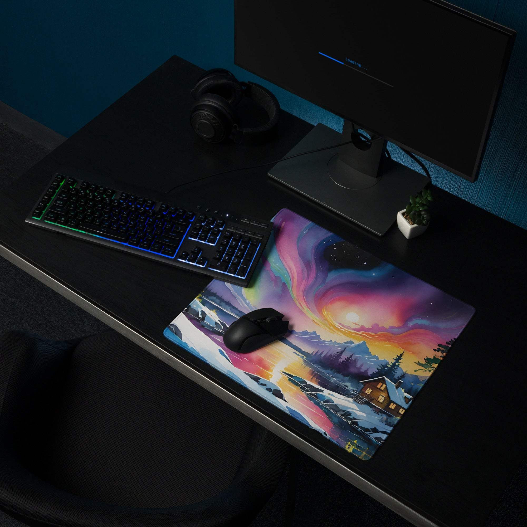Vibrant aurora borealis gaming mouse pad with mountains cabin non-slip base